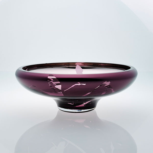 Purple glass bowl with splatter effect on a connected stand. Designer glass bowl with metal coating. Mirror effect glass bowl.