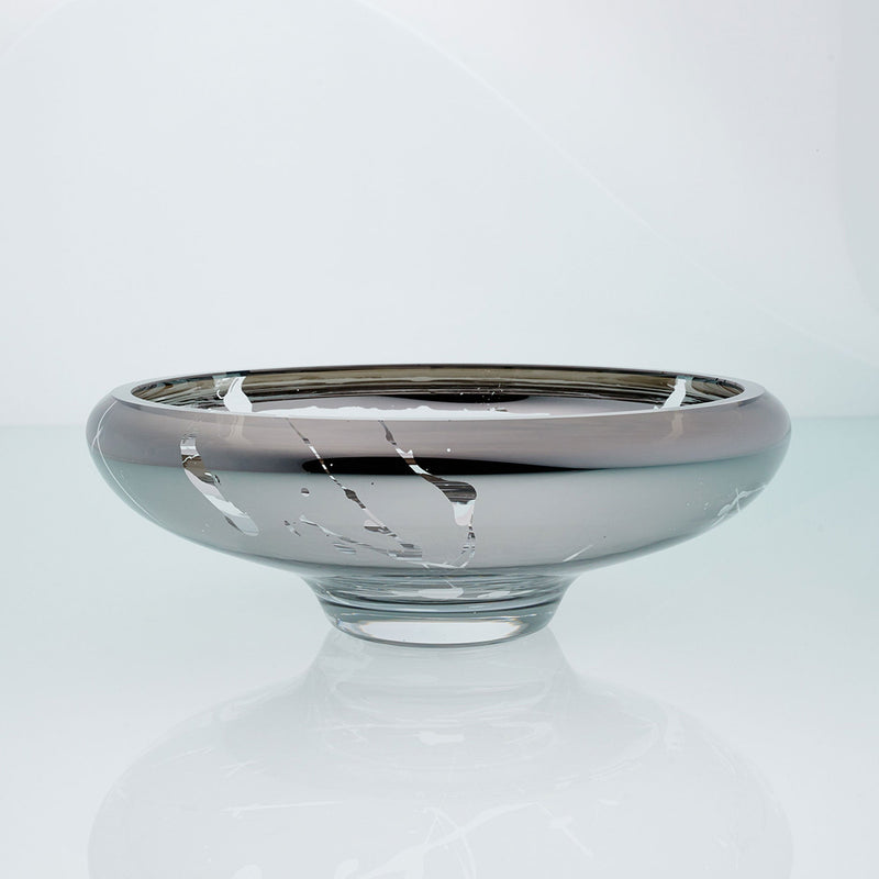 Grey glass bowl with splatter effect on a connected stand. Designer glass bowl with metal coating. Mirror effect glass bowl.