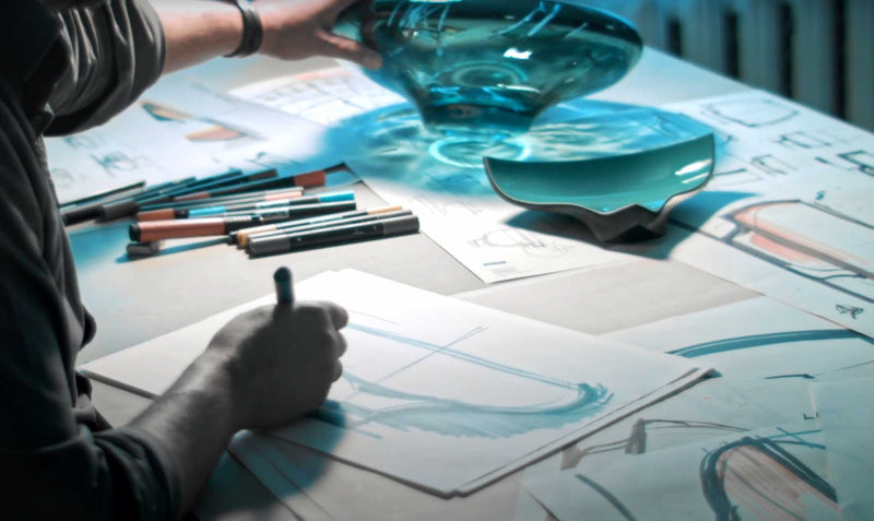 Designing glass bowl, sketching design glass. Glass artists sketch