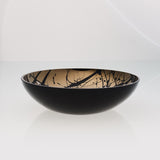 Round black glass fruit bowl with interior titanium coating and splashes. Mirror effect design glass bowl.